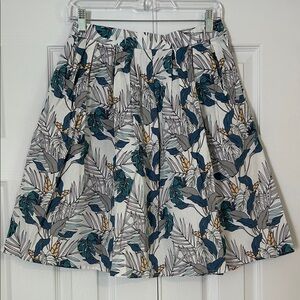 Women's White Floral A-Line Skirt with Teal and Gray Leaves